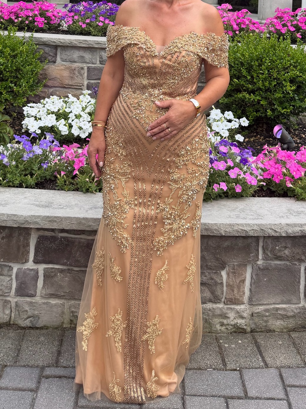 Elegant Off-Shoulder Gold Embellished Evening Gown - Picture 2 of 3